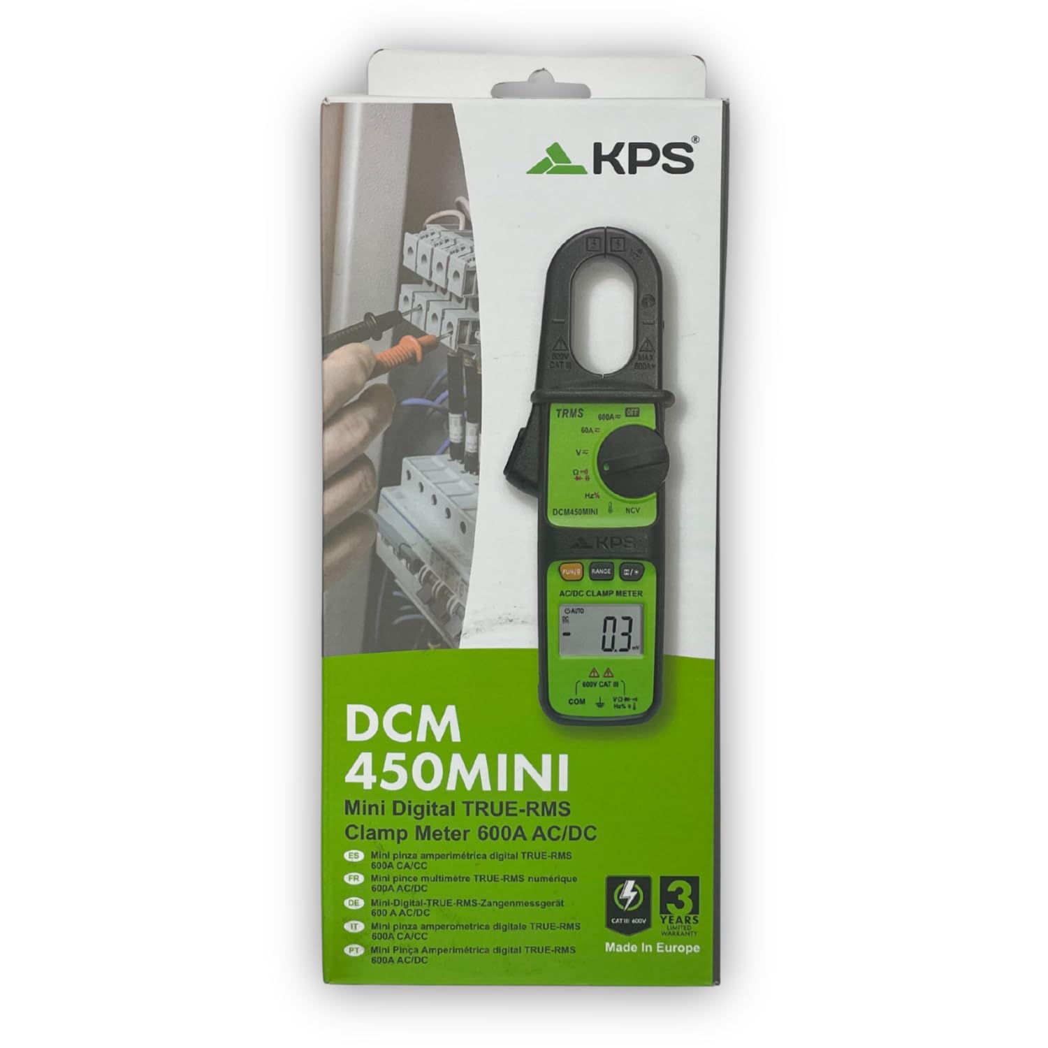 KPS-DCM450MINI Pinza Amperimétrica TRMS 600A AC/DC y 600V con Temperatura, NCV, Resistencia, Capacidad, Frecuencia, Pantalla Retroiluminada y Linterna CAT III 600V