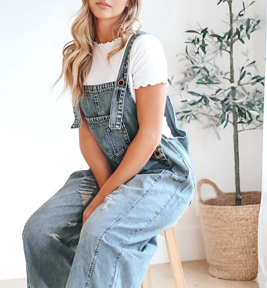 Generico Salopette in denim con bretelle regolabili larghe da donna, salopette in jeans, tuta larga a gamba larga usurata