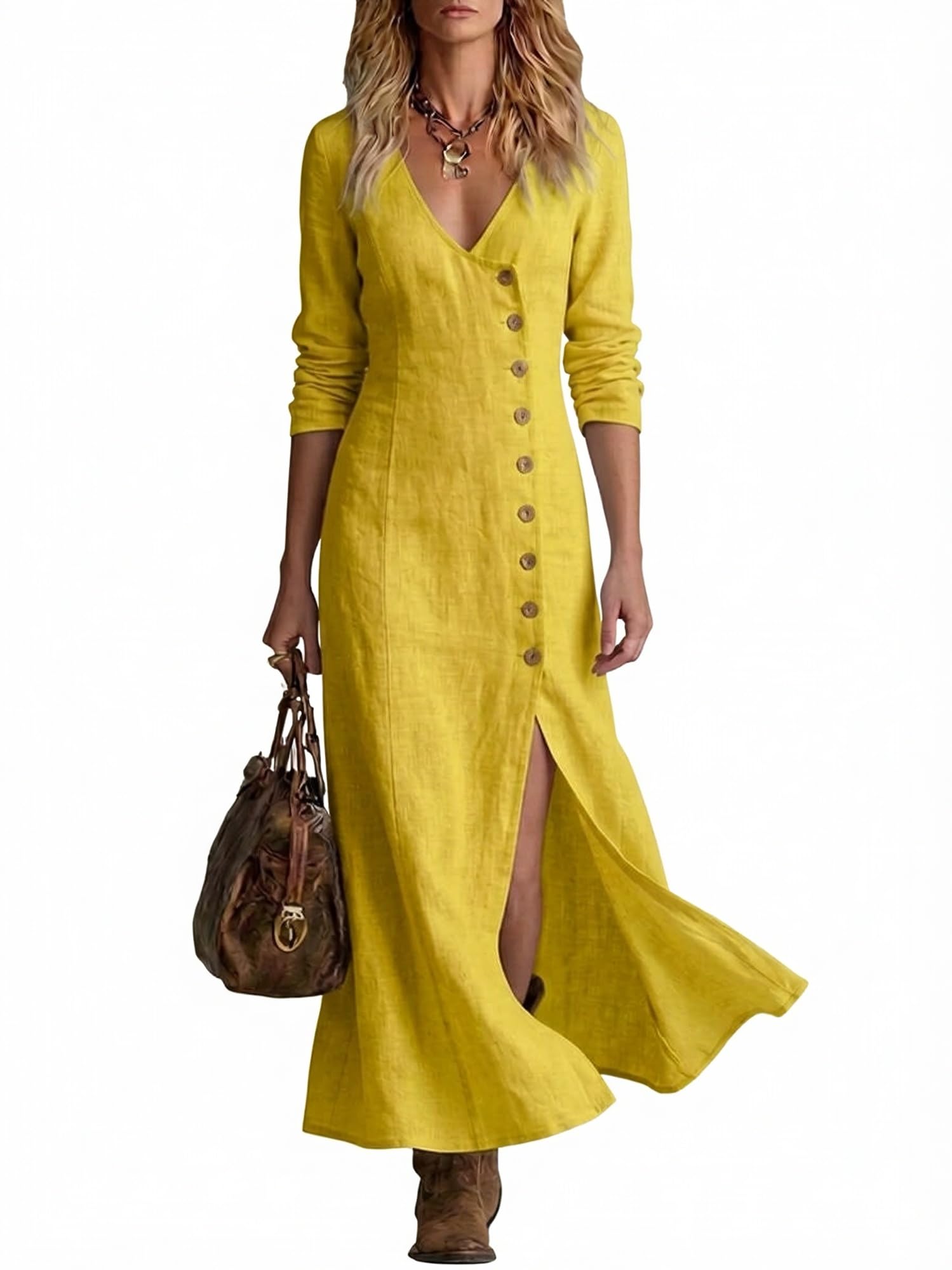Abito Lungo Cotone Lino Scollo V Bottoni Bodycon Maniche Lunghe Spacco