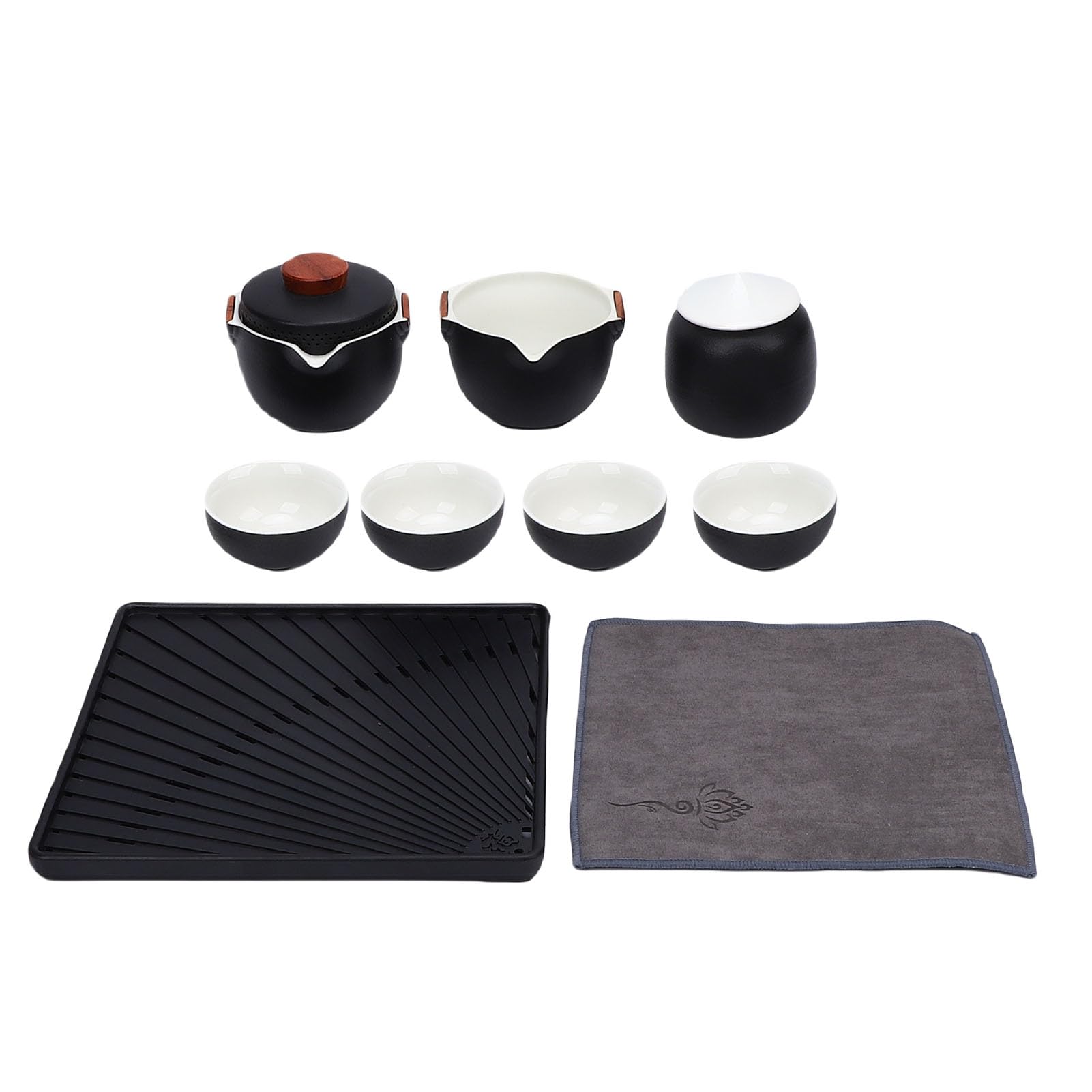 Keramik-Kungfu-Teeset, tragbares Reise-Teekannen-Tassen-Set mit Aufbewahrungstasche, Teetablett, faires Tassenreinigungstuch für Büro, Zuhause, Picknick, Geschäftsreise, Schwarz,