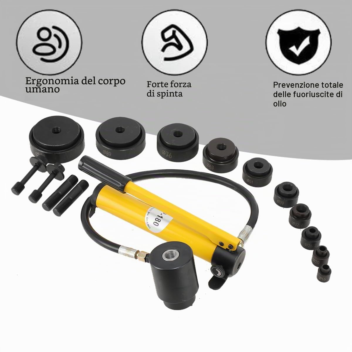 Kit di Punzonatrice Idraulica 15 Ton, Pompa Punzonatrice Idraulica in Acciaio Strumento di Perforazione con 10 Set di Punzione per Lamiera, con le Fustelle 16mm - 101mm