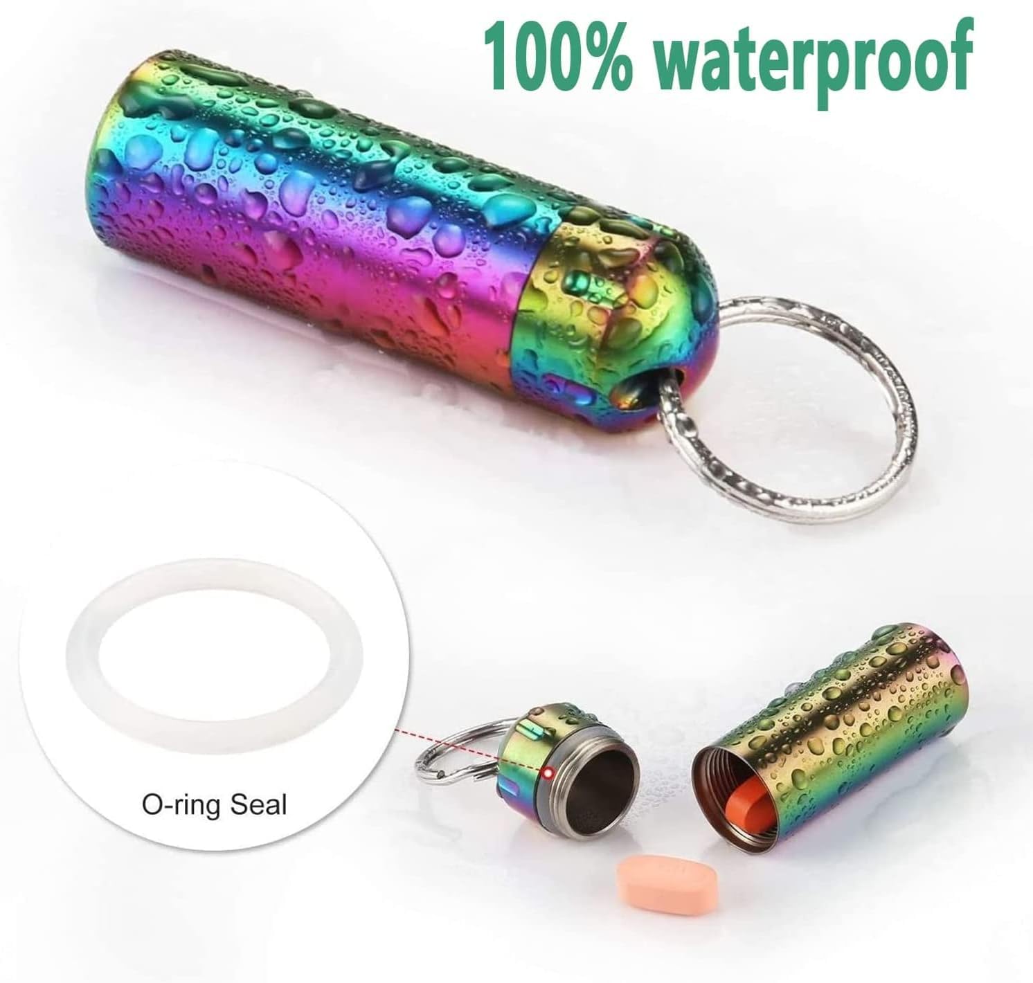 Tablet-Box, Reise-Pillenbox, wasserdichter Pillenhalter, Schlüsselanhänger, klein, Edelstahl-Pillenetui, Outdoor-Notfall-Pillenbox, 2er-Pack (Color : Rainbow)