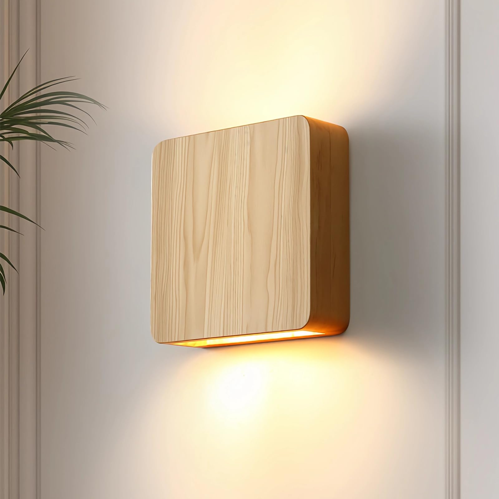 LED Wandleuchte Holz Eckig Design Modern Minimalistisch Wandlampe für Wohnzimmer Schlafzimmer Flur Treppenhaus Diele Lampe G4 Leuchte Leuchtet nach oben und unten (Holzfarbe, 16cm, Warmweiß 3000K)
