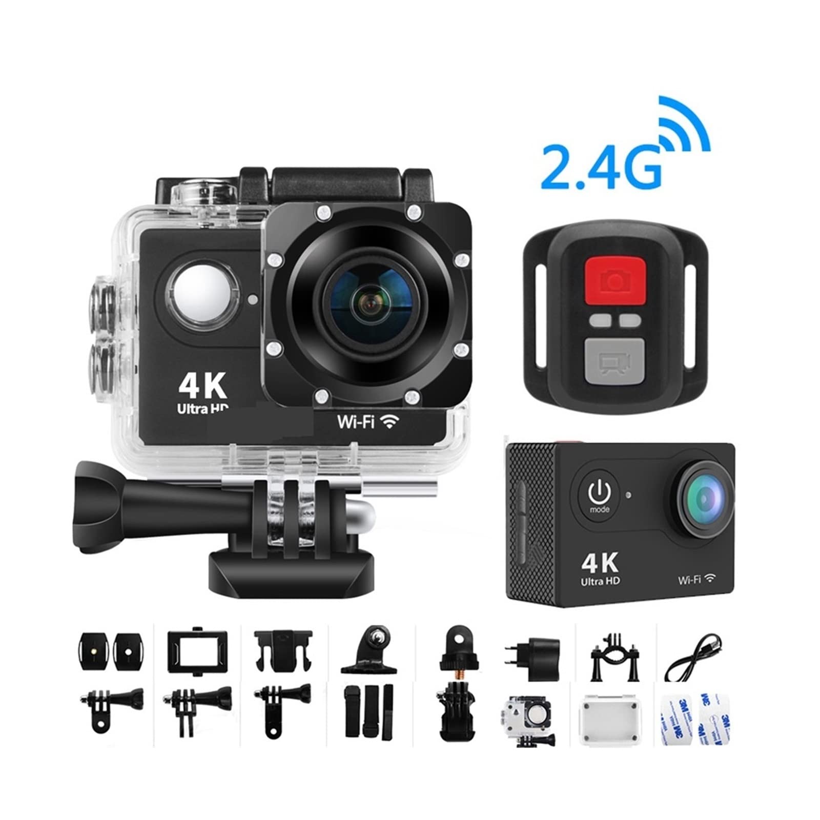 Kamera akcji, Kamera podwodna Ultra HD, H9R 4K Pilot Sportowe nagrywanie wideo DVR DV Wodoodporna Pro Mini Kask Zestaw akcesoriów do aparatu(Nero)