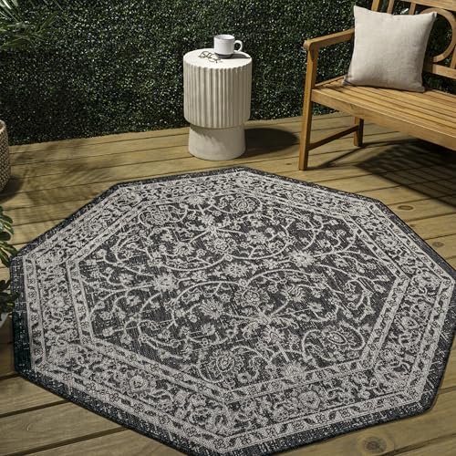 Image of JONATHAN Y Vine & Border Indoor Outdoor Octagon Area Rug 8 Ft Black /Gray, Palazzo Textured Weave for Backyard, Patio, Porch, Easy-Cleaning, High Traffic, Pet-Friendly, Non-Shedding (SMB103C-8TGN)
