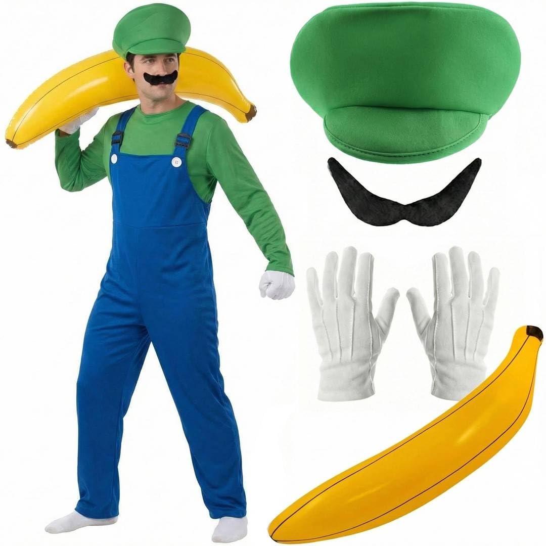 Czerwono-zielony kostium hydraulika dla dorosłych z czerwonym kapeluszem, zielonym kapeluszem, ogrodniczkami, wąsami, rękawiczkami i nadmuchiwanym bananem, zabawny fantazyjny strój na imprezy