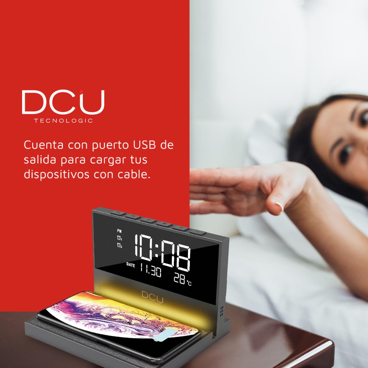 DCU TECNOLOGIC - Reloj Despertador de Sobremesa - Carga Rápida Inalámbrica - Luz Nocturna Ajustable - 2 Alarmas Personalizables