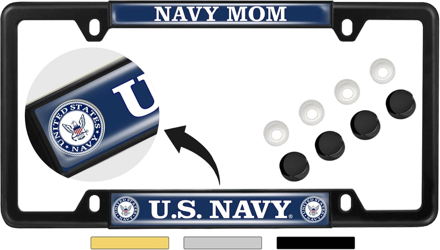 [Officially Licensed Product] - United States Navy Mom - Domed Custom-Made Personalized Narrow (Thin) Top 4 Hole Metal Car License Plate Frame with Free caps - Black (Qty: 1 Frame)