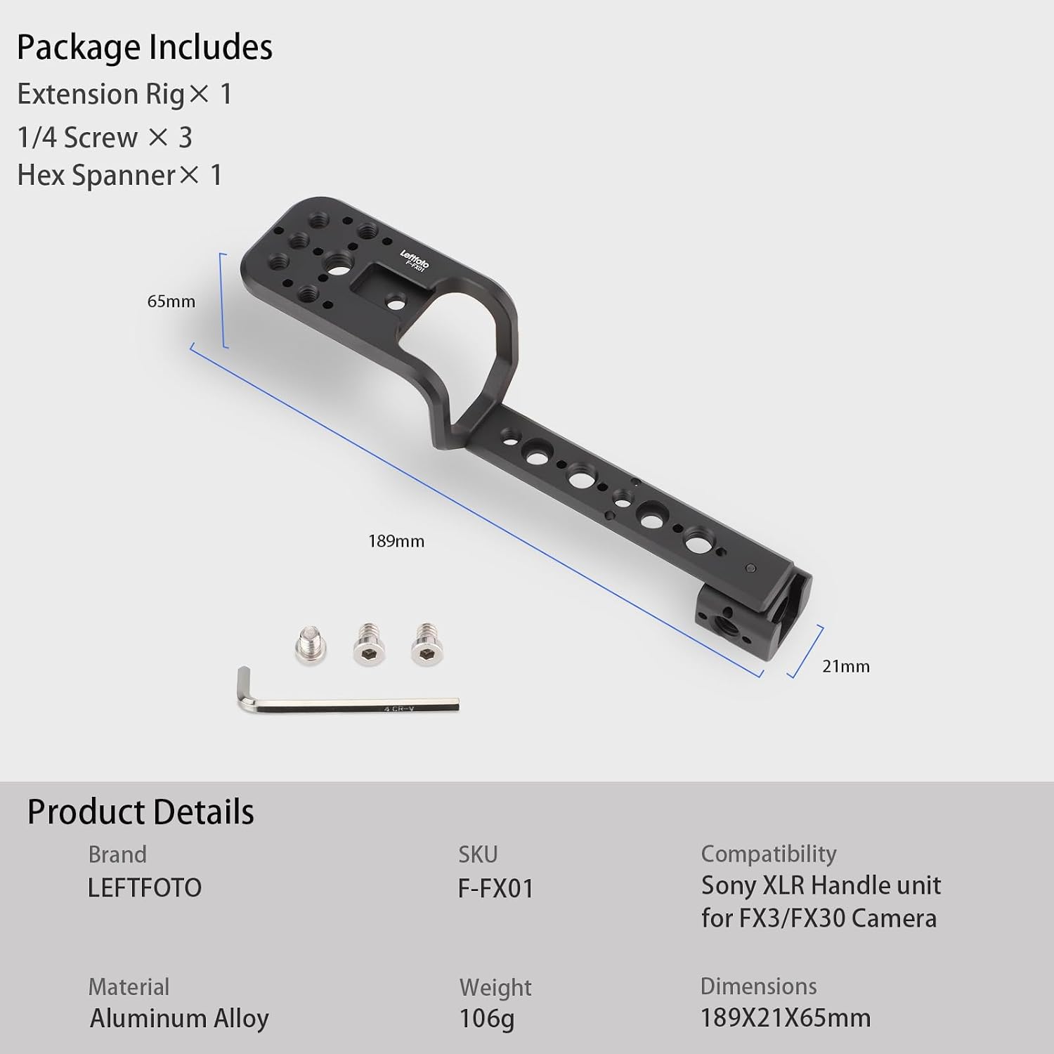 Leftfoto Handle Extension Rig Compatible with XLR Handle Unit for Sony Camera FX3 FX30,Extension Bracket Grip with Cold Shoe,NATO & 1/4"-20 and 3/8"-16 Threads