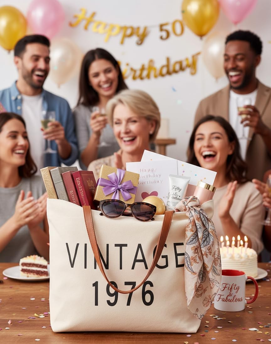 50th Birthday Gifts for Women, Vintage 1976 Canva Tote Bag,Decorations for Her 50 Year Old Birthday Gifts Mom - Image 3