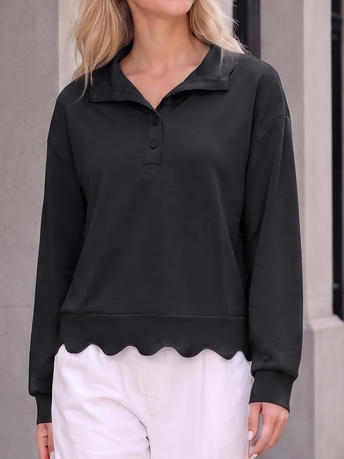 Fisoew Womens Sweatshirts Scalloped Henley Pullover Tops Fall Outfits image 2