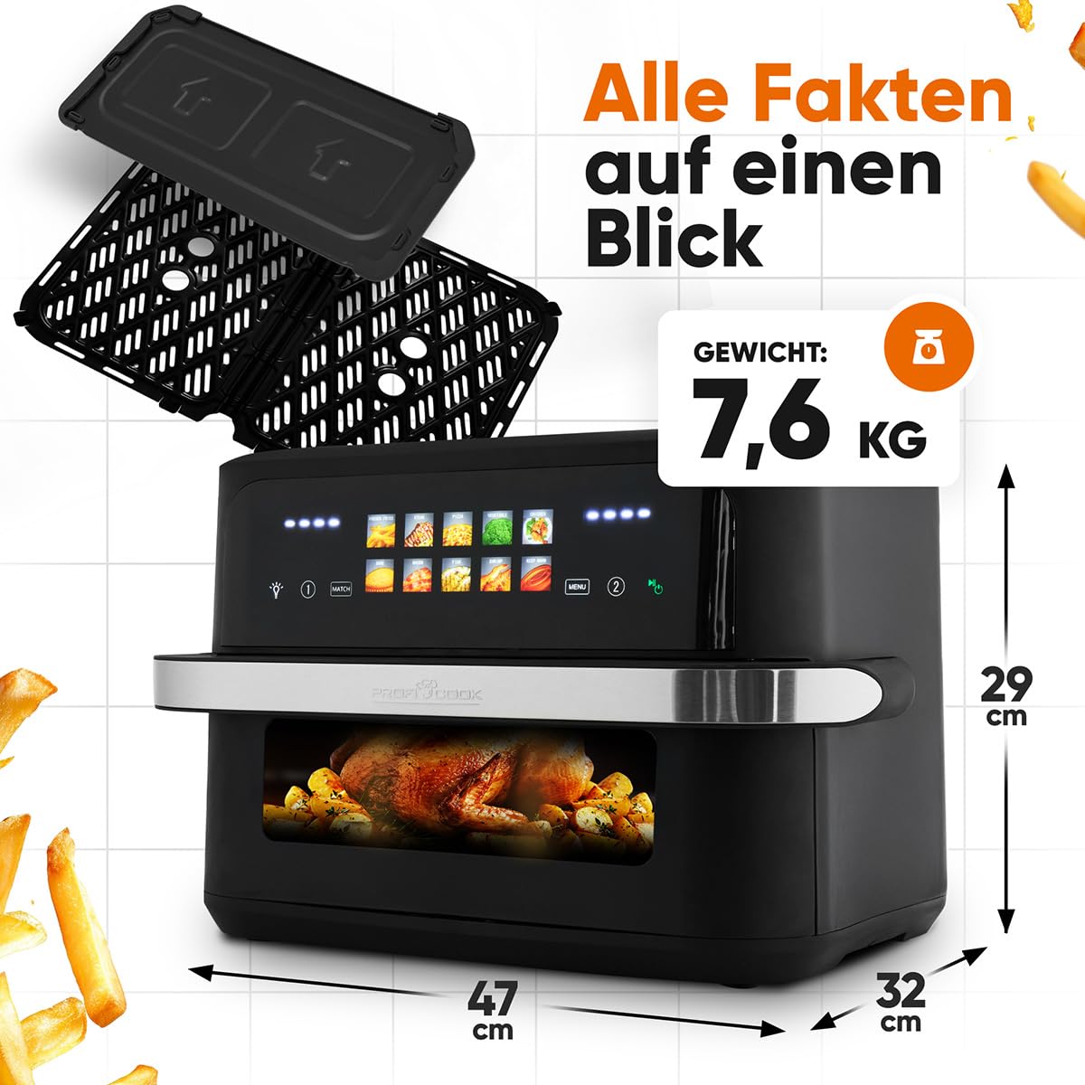 ProfiCook® XXL Heißluftfritteuse | 10L | Öl und Fettfrei | buntes Touch-Display | 2400W Airfryer | Heißluftfritteuse 2 Kammern | 10 Programme | 80-200°C | Heissluftfritteuse | PC FR 1313 H