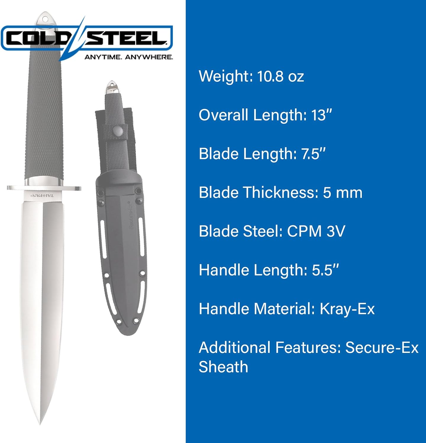 Cold Steel Tai Pan 7.5" CPM 3V Spear Point Razor-Sharp Blade 5.5" Kray-Ex Handle Tactical Fixed Blade Knife w/Secure-Ex Sheath