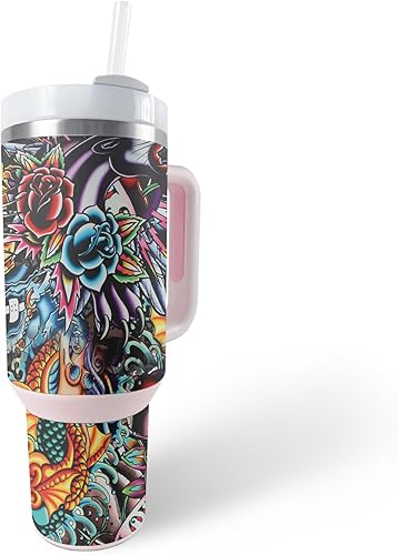 MightySkins Skin - Vaso de vinilo compatible con Stanley The Quencher H2.0 FlowState de 40 onzas, diseño de tatuaje de la vieja escuela, funda