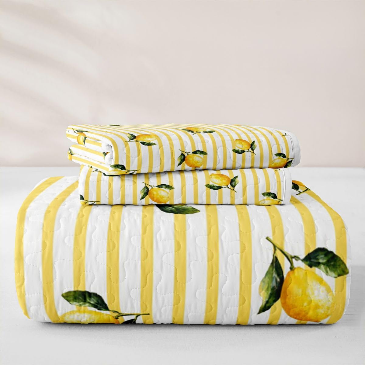 Castle Fairy Lemon Striped Quilt Set Summer Fresh Fruit Quilted Coverlet Kids Boys Girls Minimalist Tropical Leaves Lightweight Soft Bedspread Coverlet with 1 Pillow Sham Twin Size Light Yellow