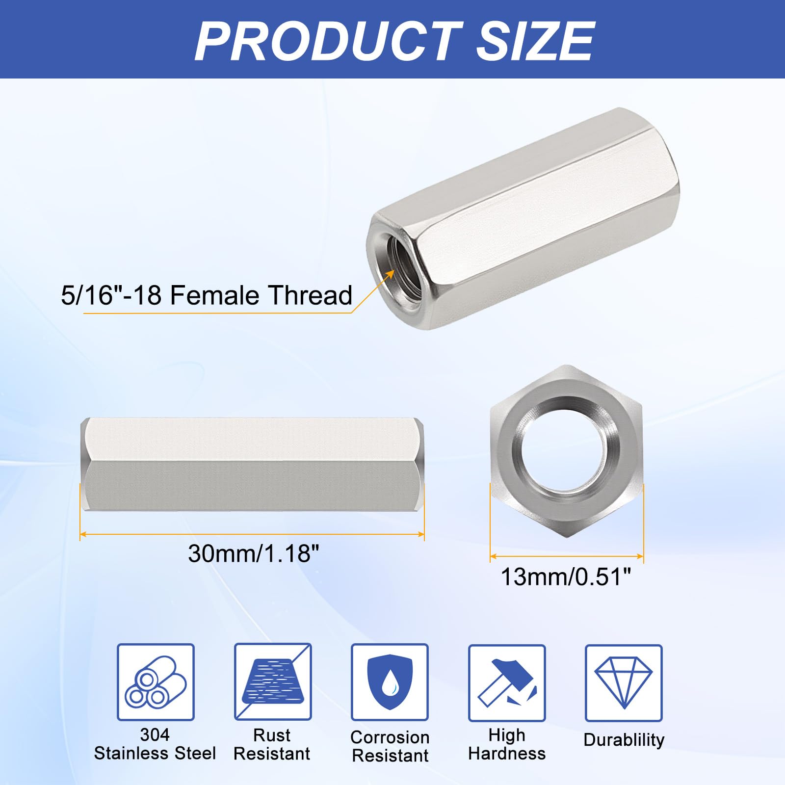 HiPicco Hex Coupling Nuts, 5/16-18 UNC 30mm/1.18" Length, 12 Pack 304 Stainless Steel Rod Coupling Nut for Threaded Rods & Studs - Image 2