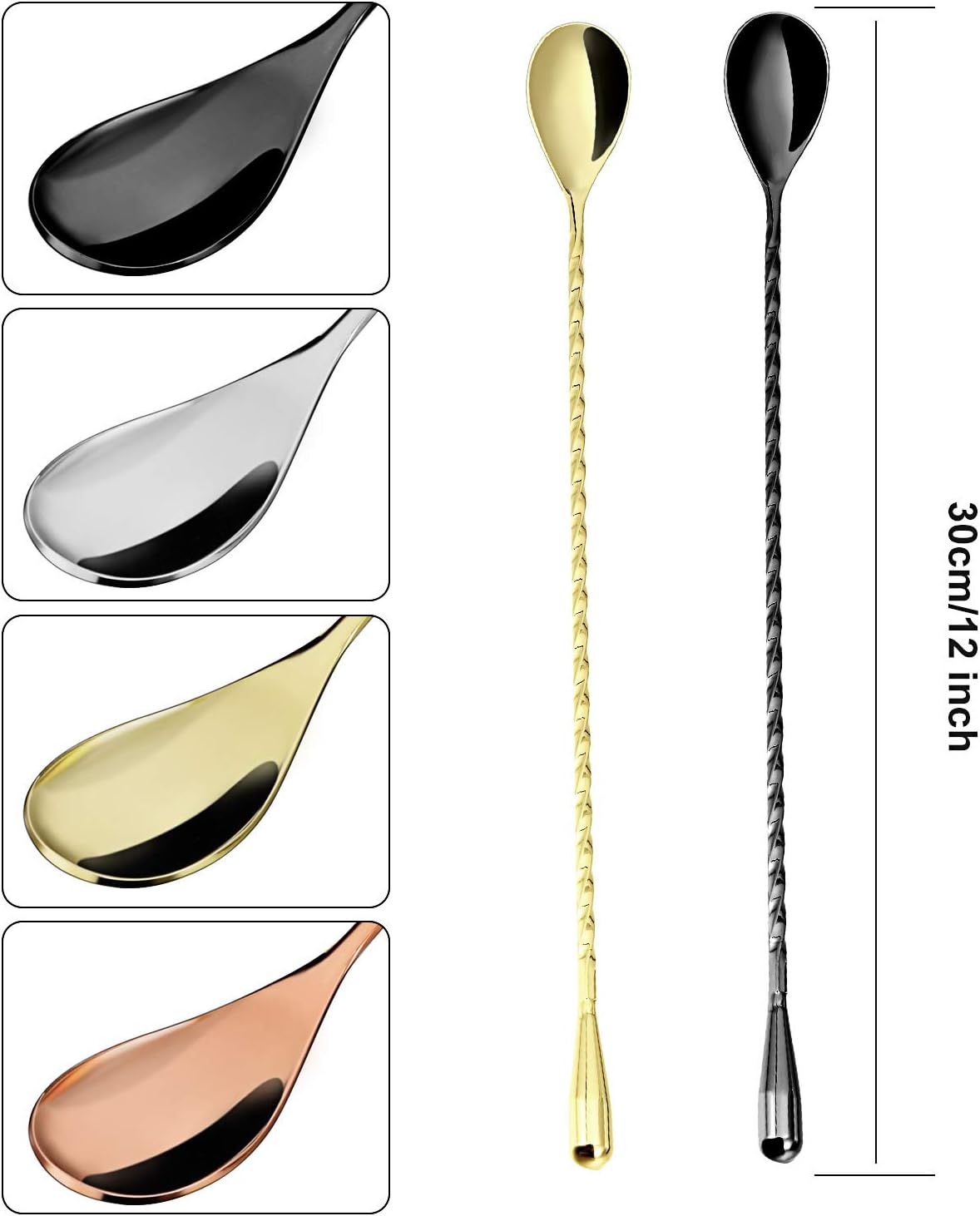 4 Pieces Cocktail Spoon Bar Stirring Spoon Long Handle Stainless Steel Spiral Pattern Cocktail Mixing Shaker Spoon, 12 Inch, 4 Colors (Silver, Gold, Rose Gold, Black)