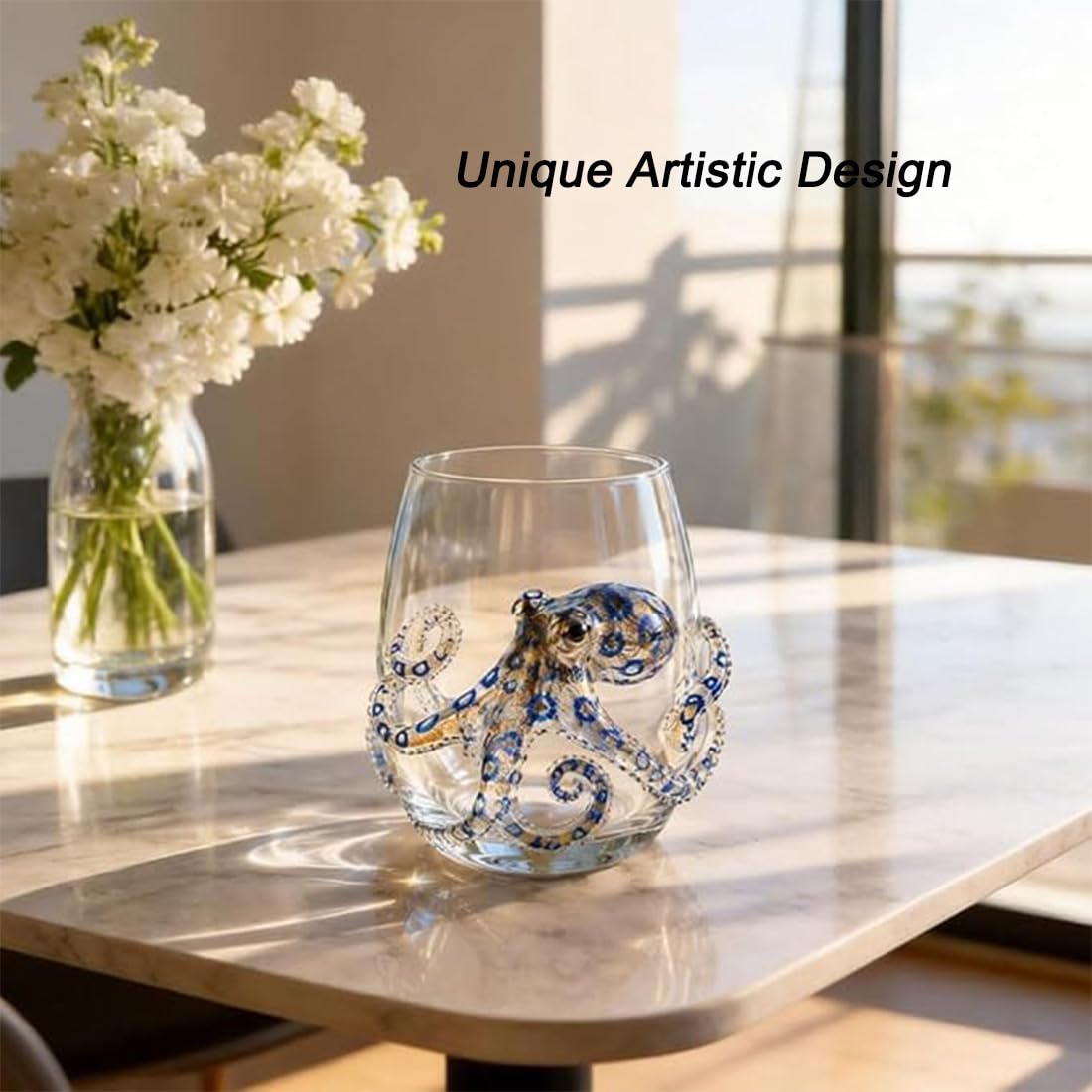 Genérico Cristalería artesanal con diseño de pulpo azul anillado, vaso de bar con forma de pulpo marino y cuchara, vaso de bar artesanal con diseño de animal marino para amantes del océano. (A2)