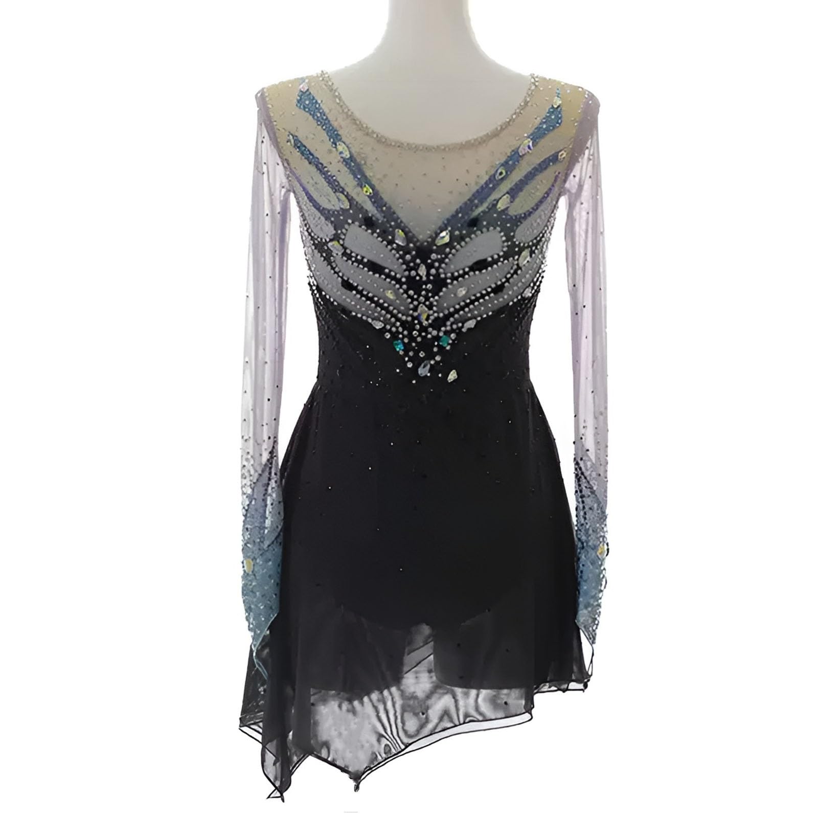 Girls' Long Sleeves Figure Skating Dress with Diamonds, Women's Competition Ice Skating Dress, Customizable(Large) Black