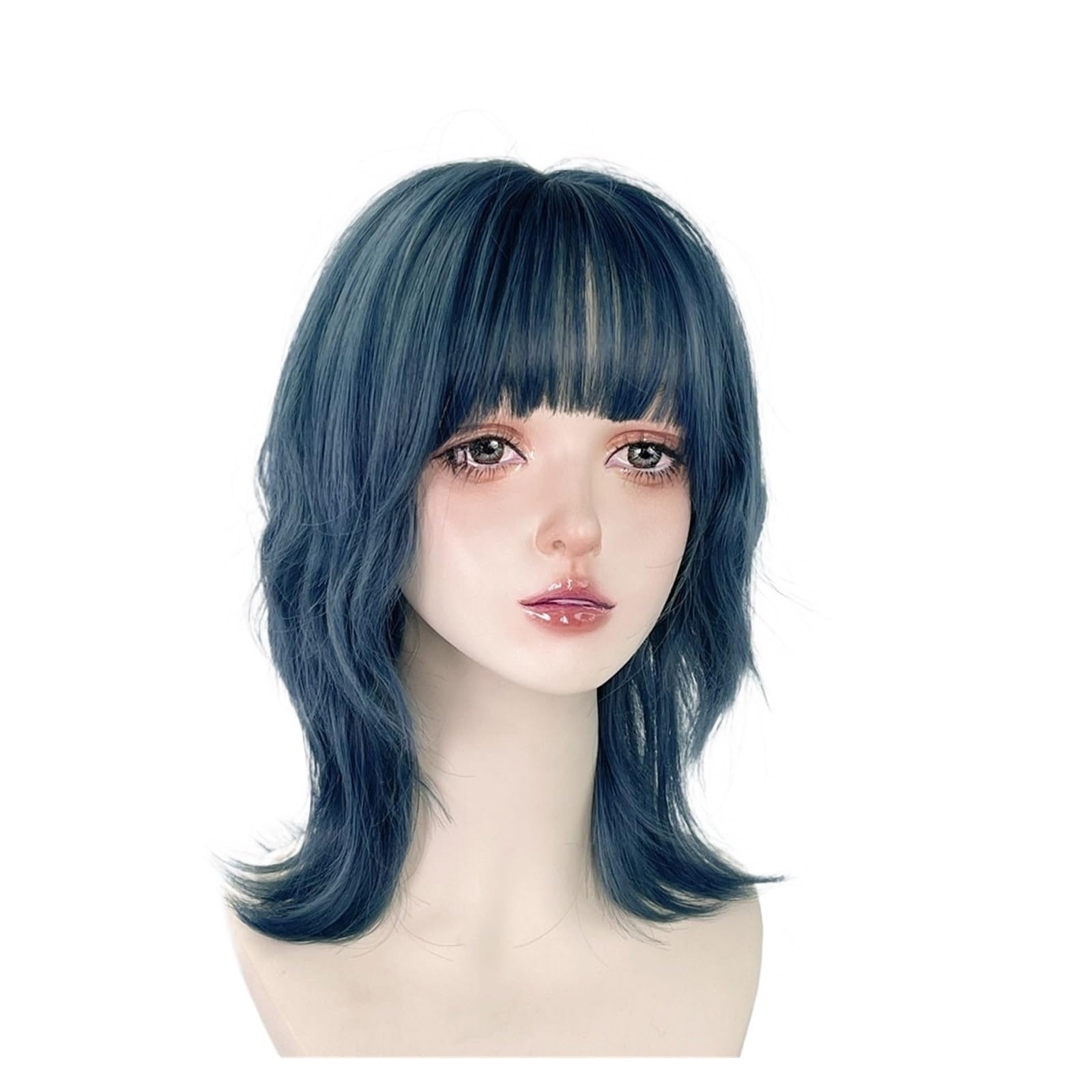 Perruque bleue frange contre cheveux plats coupe mulet ondulée volume - 6