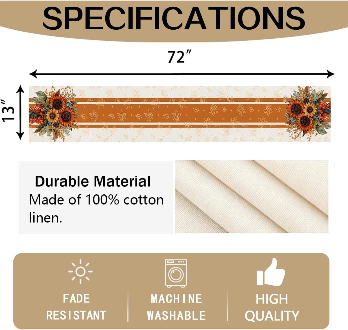 Fall Table Runner Sunflower Leaves Seasonal Kitchen Decor for Home