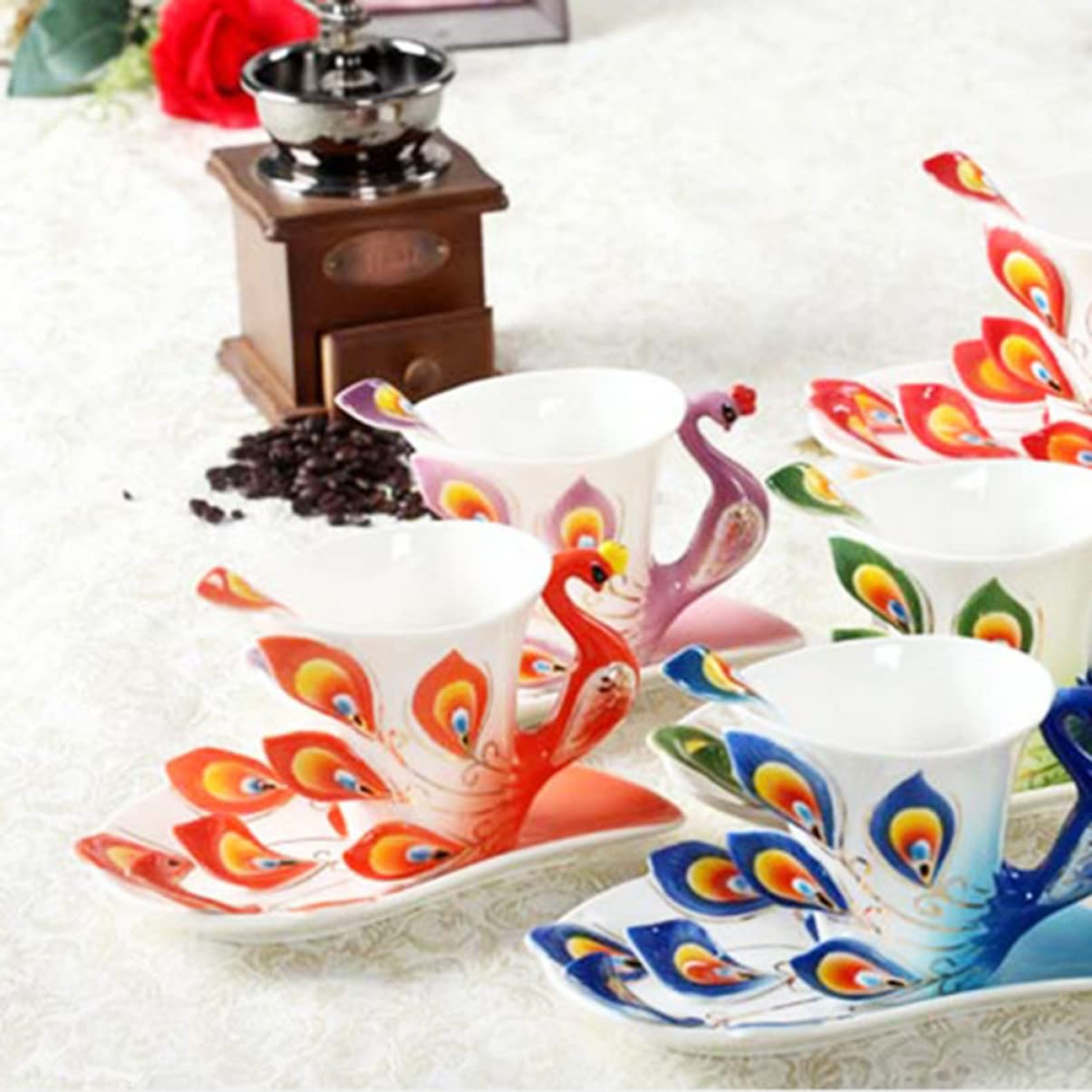 HEMOTON Set Tazzine da Caffè in Porcellana Giallo Piattino e Cucchiaio Design Ergonomico per Colazione o Tè Pomeridiano