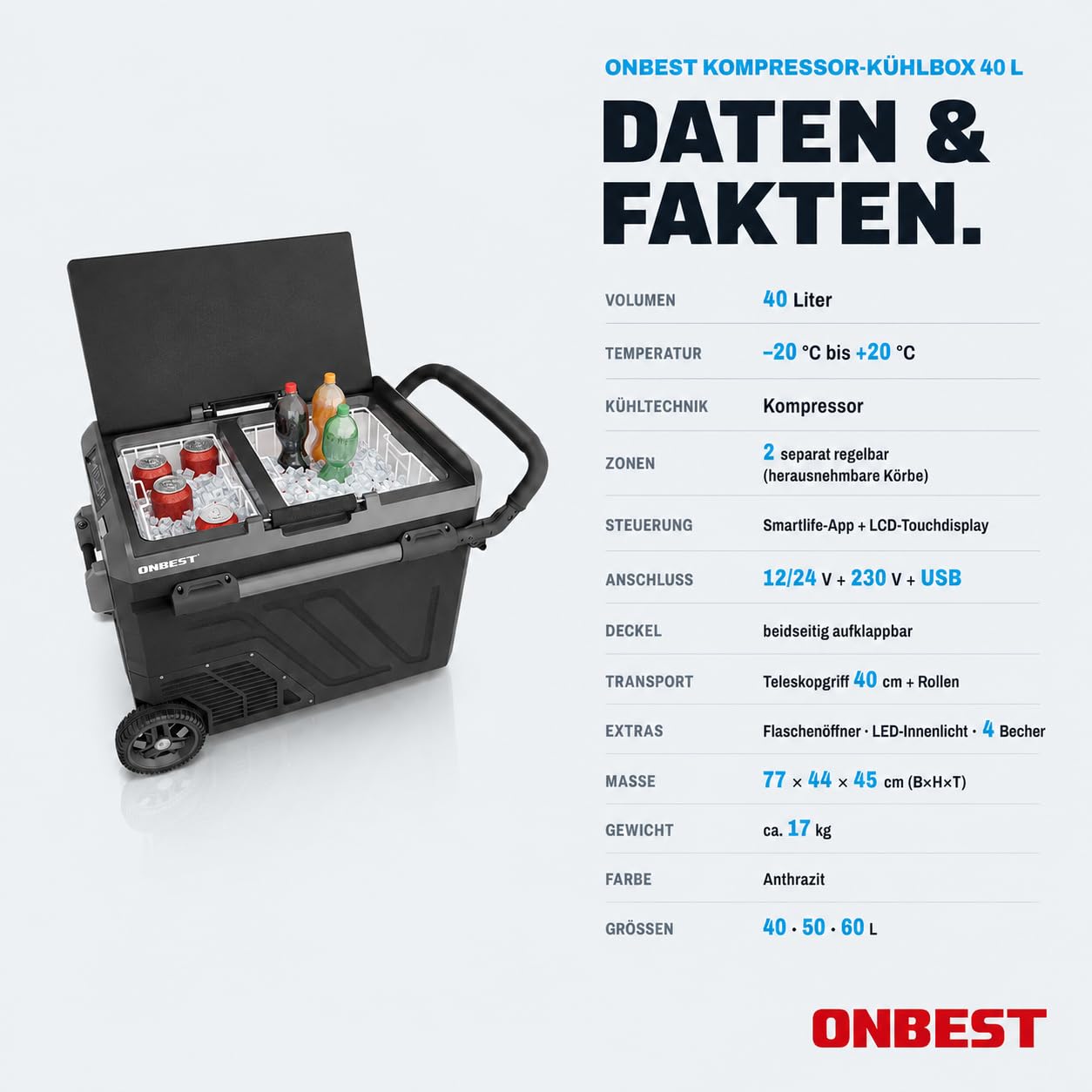 ONBEST Kompressor Kühlbox 40L 12V 230V Elektrische Gefrierbox Teleskophandgriff Mobile Autokühlbox