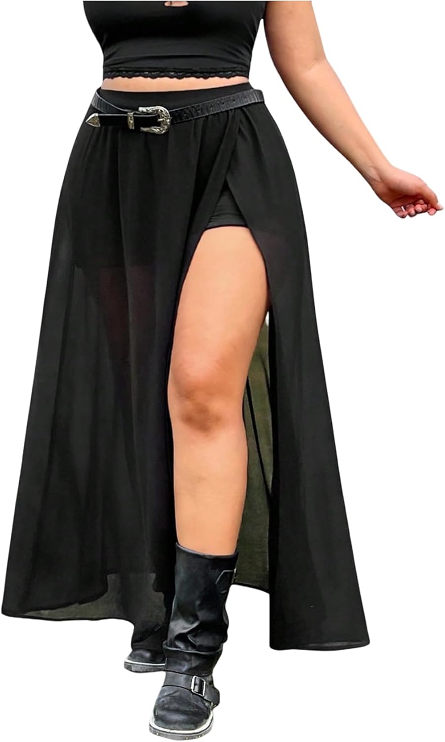 GORGLITTER Women's Plus Size Maxi Skirt Sexy Sheer Mesh Split High Waisted Fall Party Gothic Rave Wrap Long Flowy Skirt