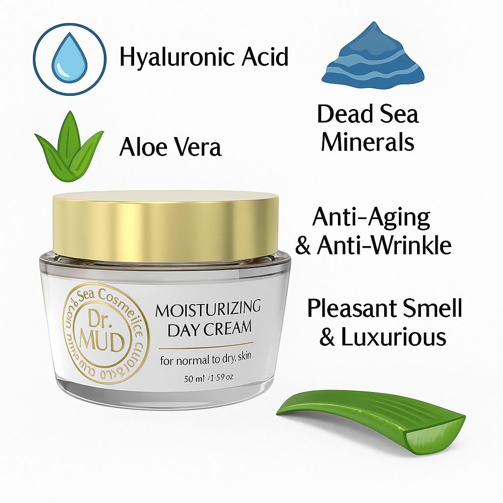 Dr. Mud Moisturizing Day Cream – Daily Face Cream with Dead Sea Minerals, Hyaluronic Acid, Collagen & Natural Plant Extracts – Paraben Free Anti-Aging Facial Moisturizer for Normal to Dry Skin, 50ml - Image 5