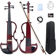 Yinfente Electric Violin 4/4 Full Size Silent 4 String Solid Wood Set with Ebony Fitting Case for Beginners, Kids, Teens, Ribbons Dark Red