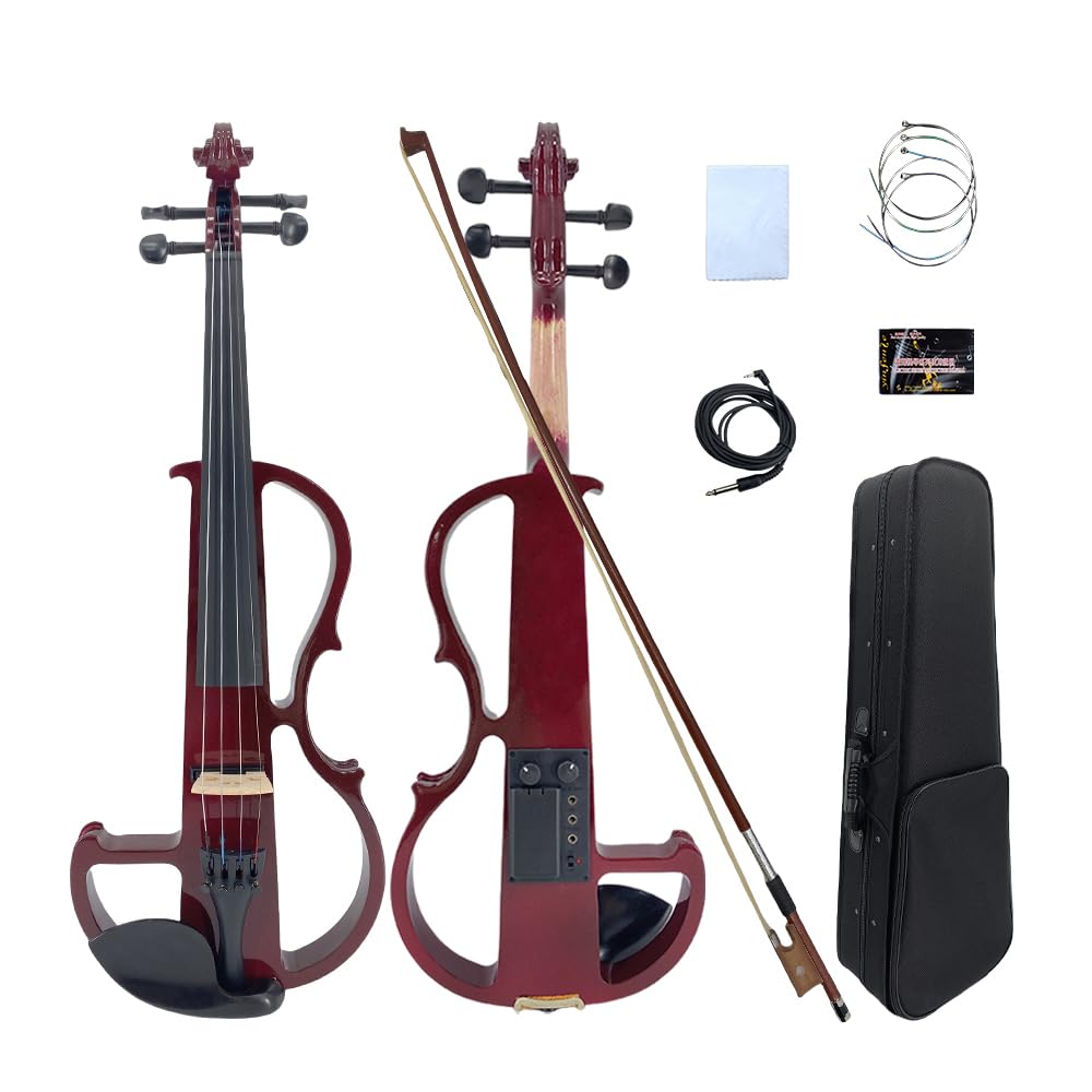 Yinfente - Violino elettrico 4/4 full-size, silenzioso, 4 corde, accessori in ebano, per principianti, studenti, con custodia, fiocco, poggiatesta