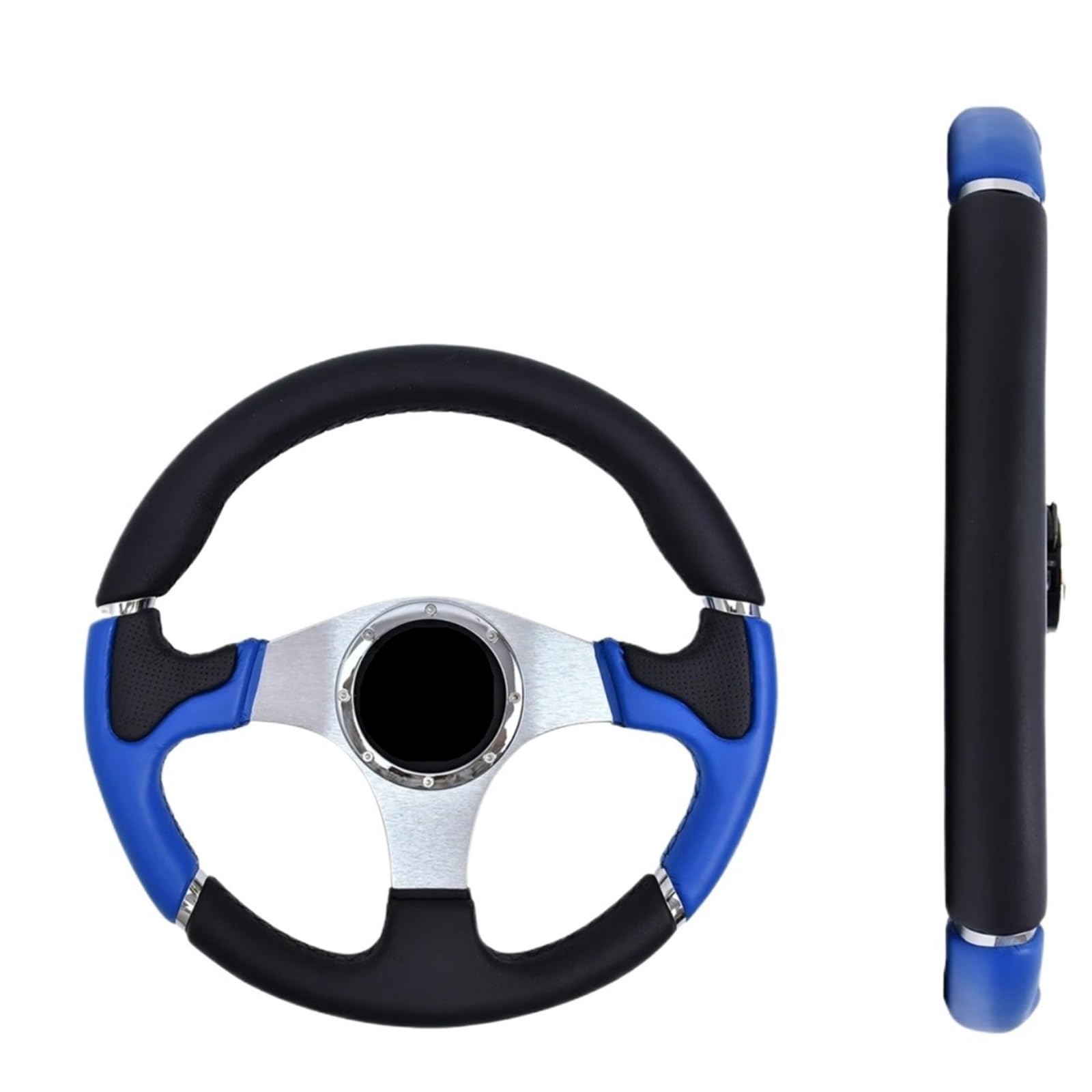 Volante da corsa classico in pelle blu da 350 mm, staffa argentata, misura universale per auto sportive, drift e uso su strada, impugnatura antiscivolo e design elegante