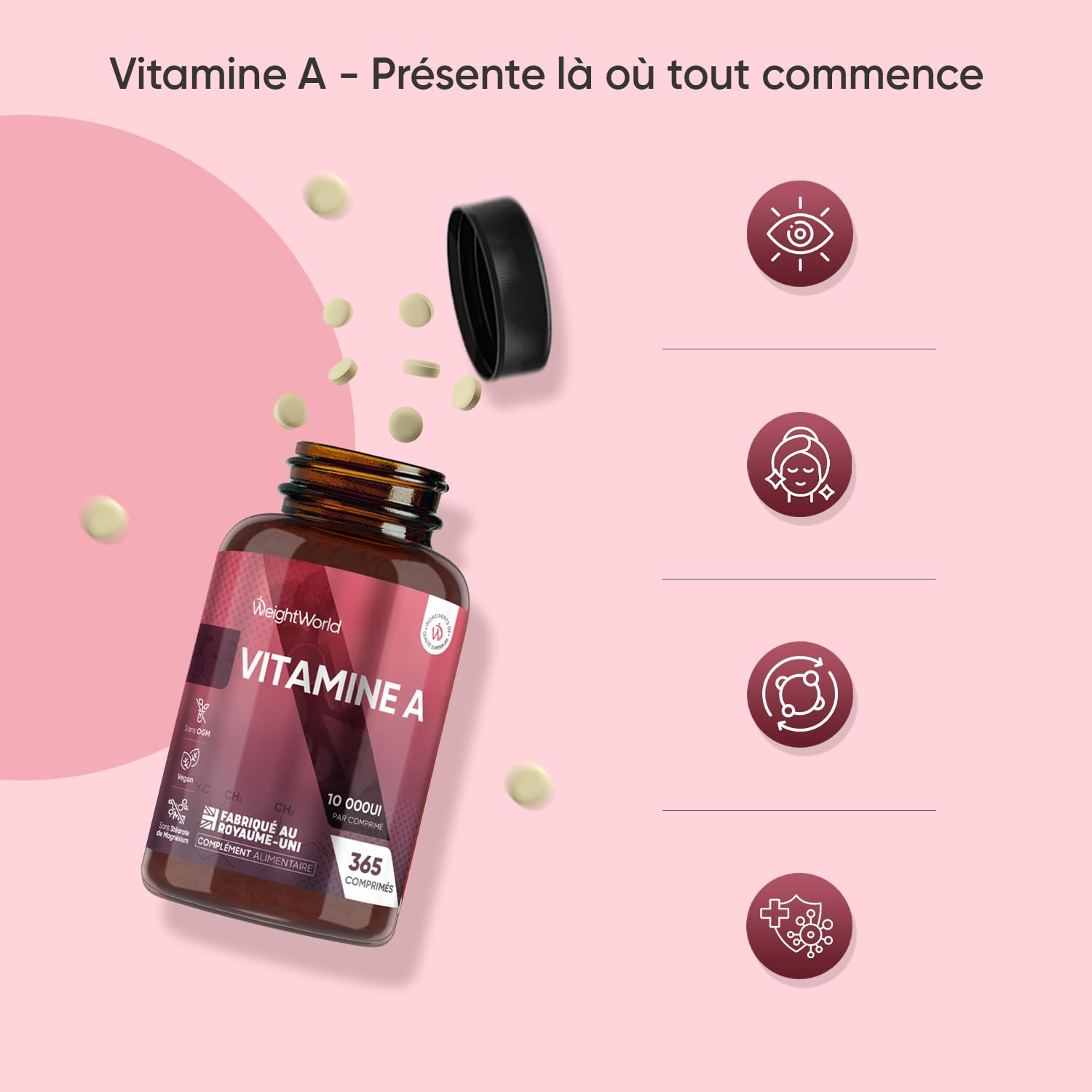 Vitamine A 10 000 UI - 365 Micro Comprimés Vegan - sous Forme d'Acétate de Rétinyle Vitamine A, + 1 An de Stock - 1 Comprimé tous les 3 Jours - Source de Retinol, Beta Carotene, sans OGM