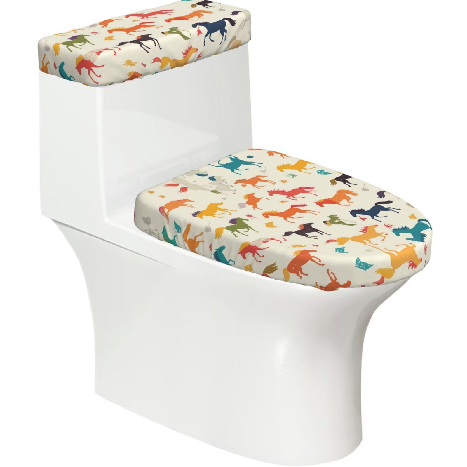 Colorful Horses 2-Piece Toilet Seat Cover Set with Tank Lid - Elastic for U-Shape & Elongated - Bathroom Decor