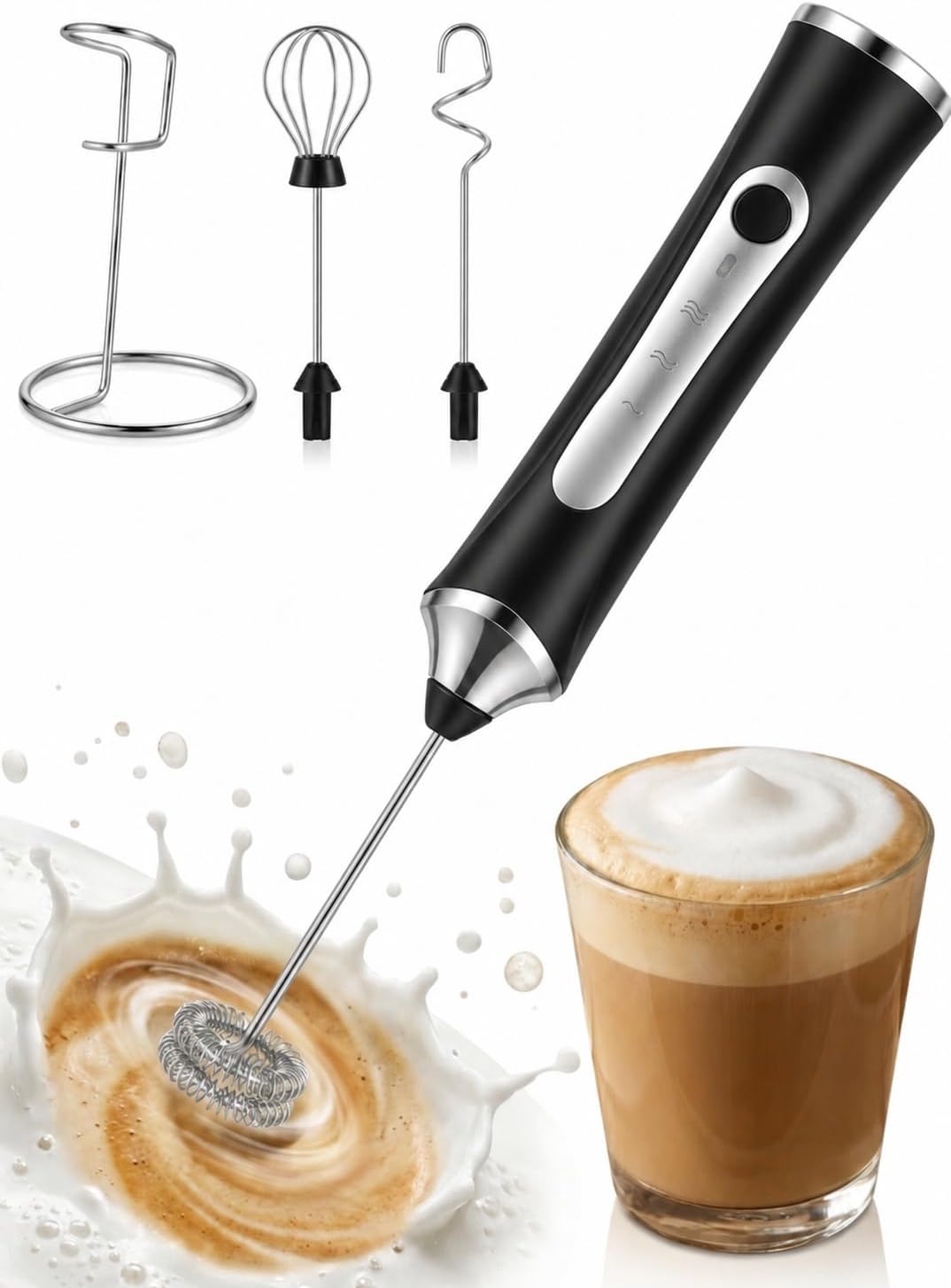 Rechargeable Milk Frother, High-Speed Handheld Coffee Frother with Detachable Whisk, Barista-Style Electric Foam Maker for Hot & Cold Lattes, Matcha Mixer & Kitchen Stirrer, Matte Black