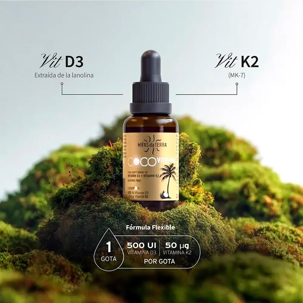 HIFAS DA TERRA CocoVit D + K2 Líquido - 500 UI Vitamina D3 + 50 µg Vitamina K2 por gota - Suplemento en aceite MCT de coco - Apoyo al Sistema Inmunitario y Estado de Ánimo - Formato con gotero, 20 ml