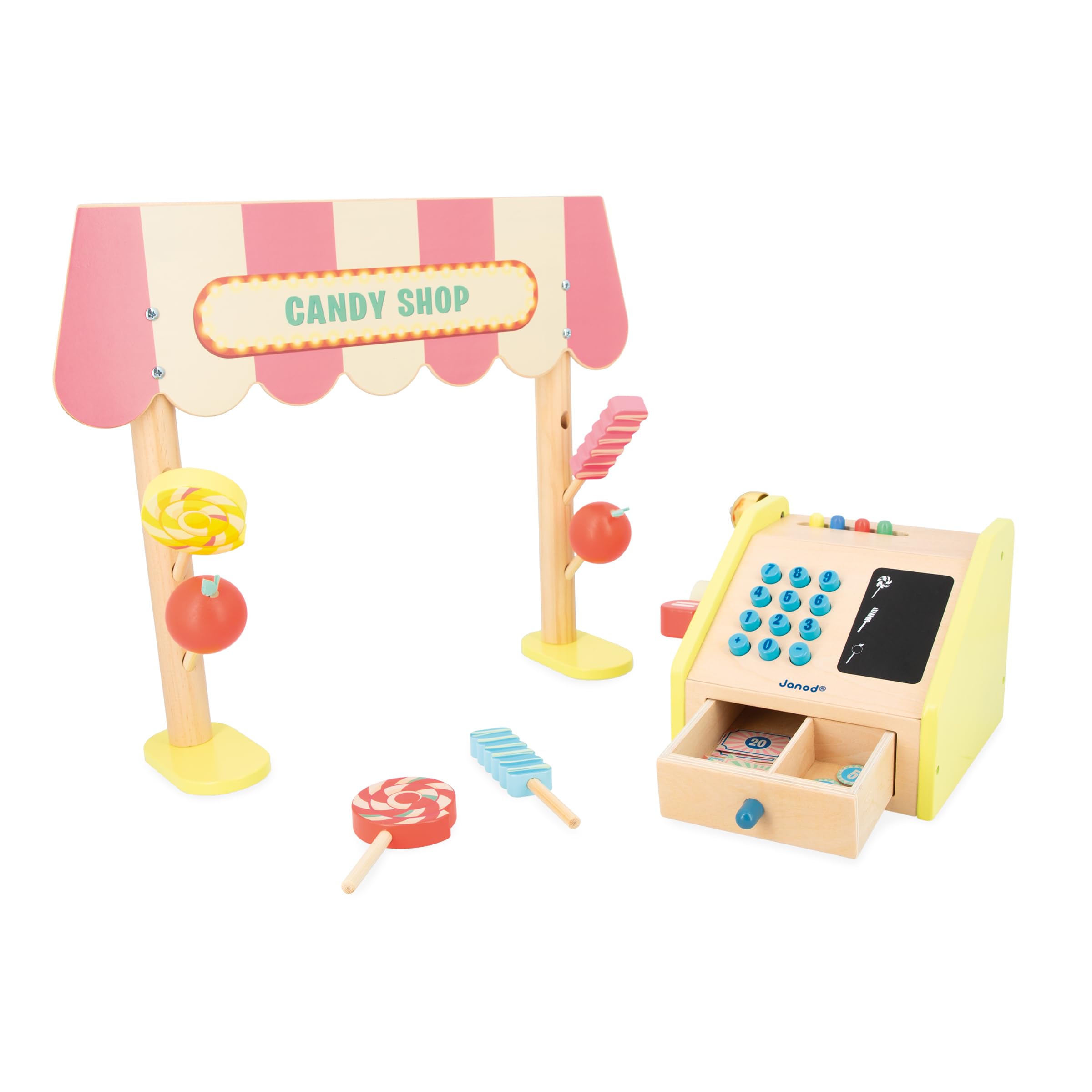 Janod - Tienda Infantil Applepop - Juego de Imitación con Caja Registradora - 19 Accesorios - Estimula la imaginación - Juguete de Madera FSC - Pintura al Agua - A Partir de 3 Años, J03350