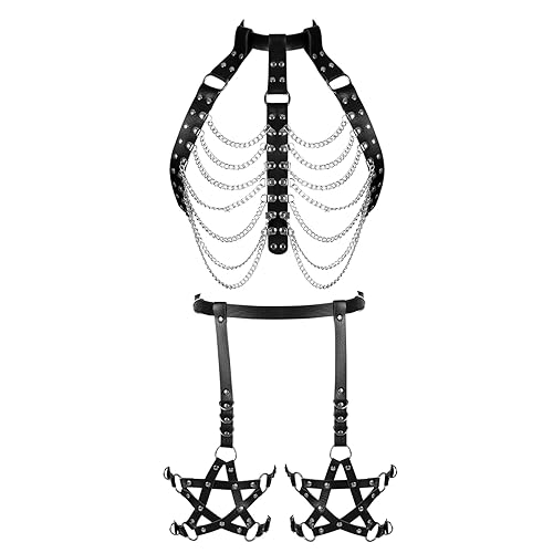 BBOHSS Women's Body Harness Leather Bra Fashion Hollow Cupless Body cage Punk Garter Set Gothic Halloween Carnival Costume 3 - Black