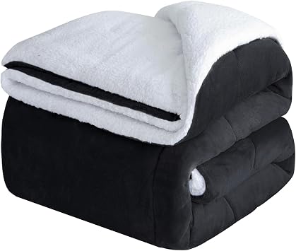 CHOSHOME Sherpa Fleece Blanket- Thick Warm Blanket for Winter, Soft Fuzzy Plush Blanket for Bed, Couch, Travel Black, Queen 90" x 90"