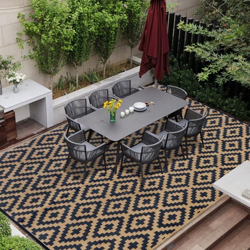 SAND MINE Reversible Mats, Plastic Straw Rug, Modern Area Rug, Large Floor Mat and Rug for Outdoors, RV, Patio, Backyard, Deck, Picnic, Beach, Trailer, Camping, Black & Brown, 8' x 10'