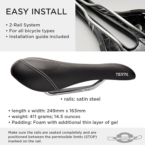 Miniatura 3 de Terry Liberator X - Asiento de bicicleta de gel para mujer, cómodo cojín de asiento de bicicleta de turismo, parte trasera contorneada más ancha y