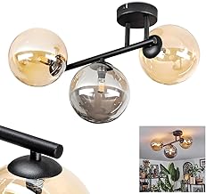 Lámpara de techo HOFSTEIN Chehalis, lámpara de techo de 3 luces de metal/cristal en negro/ahumado/ámbar, lámpara de diseño retro/vintage (pantallas de Ø 15 cm), G9, comedor, salón, dormitorio, cocina
