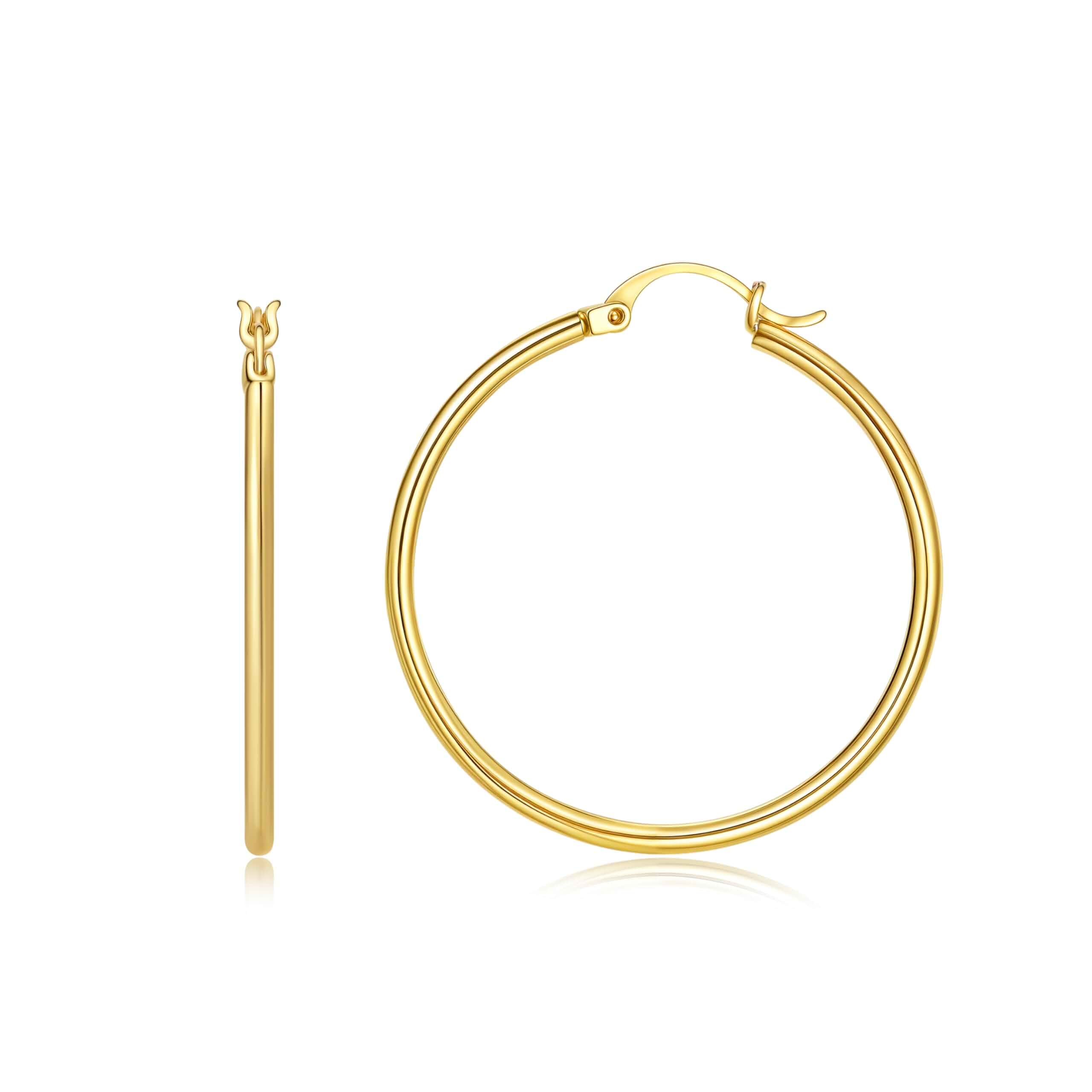 YUVOLA 14k Yellow Gold Hoop Earrings for Women Real Gold Classic Polished Round Hoops 2mm Thick 12/16/25/30/35mm Everyday ...