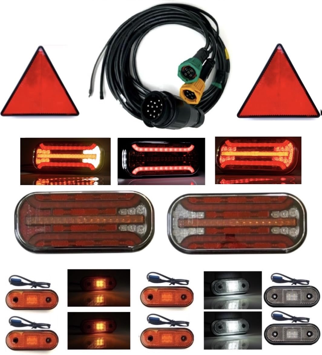 Set illuminazione rimorchio – 2 fanali posteriori LED 6 funzioni con frecce dinamiche 2 luci di posizione bianche & 4 gialle 13 poli 12V/24V E9/E20