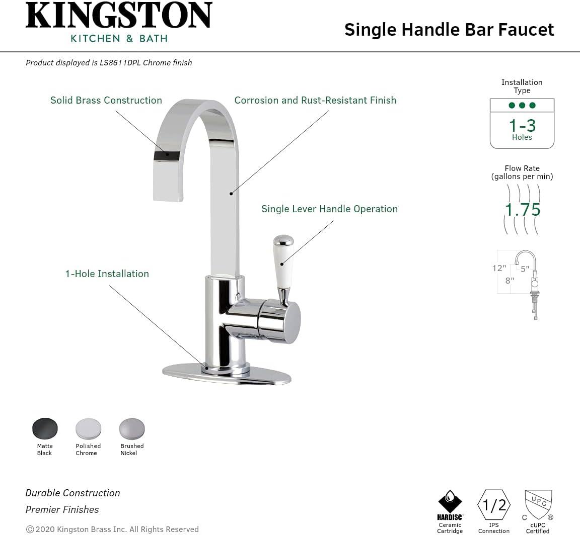 Kingston Brass LS8618DPL Paris One-Handle 1-Hole Deck Mount Bar Faucet in Brushed Nickel