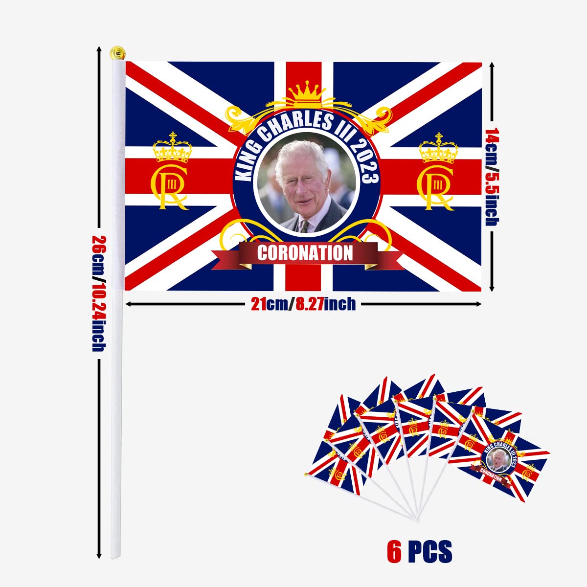 6 PCS King Charles III Union Jack Coronation Hand Waving Flags - Image 2
