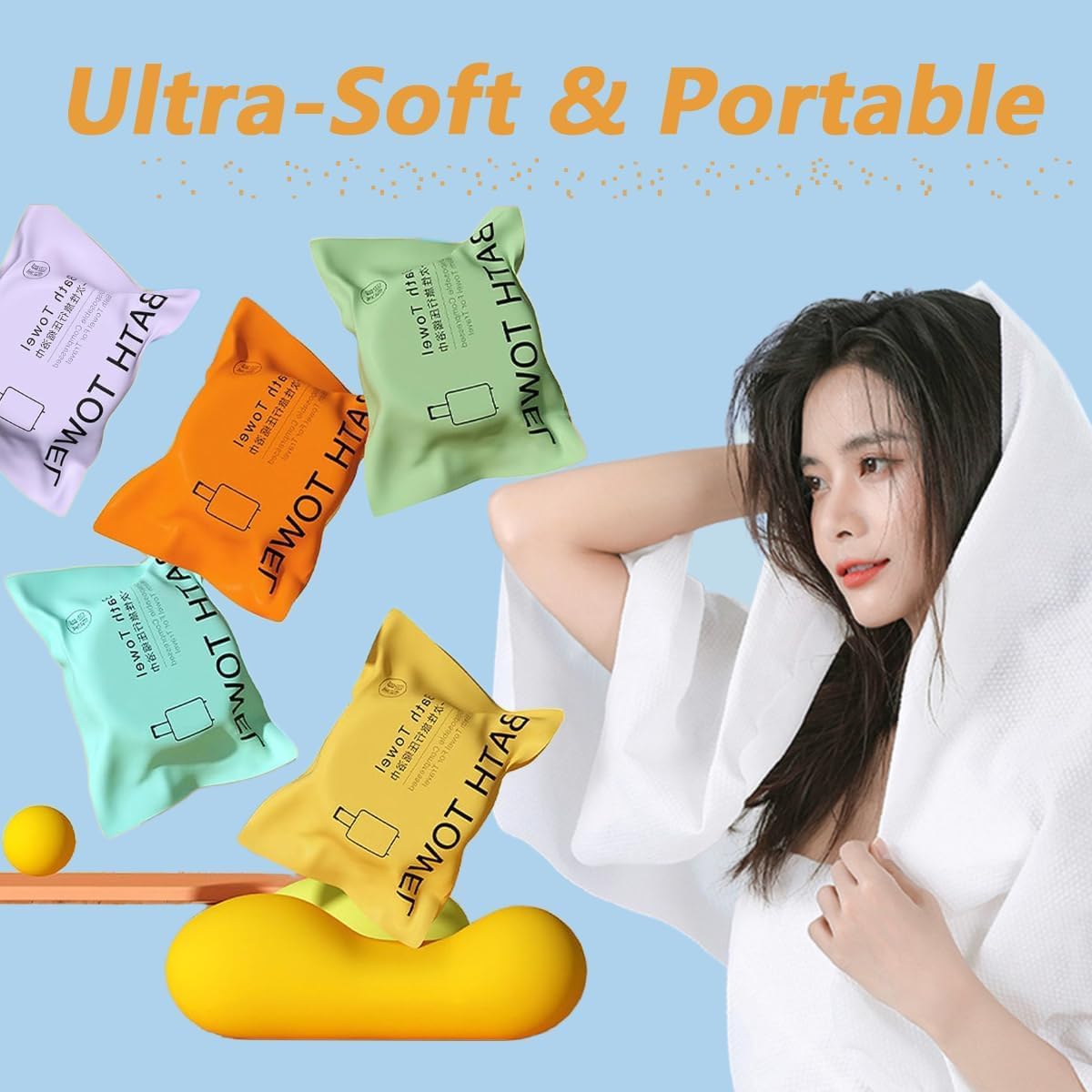 Amazon｜圧縮バスタオル5パック、使い捨てコットンバスタオル140 x 70