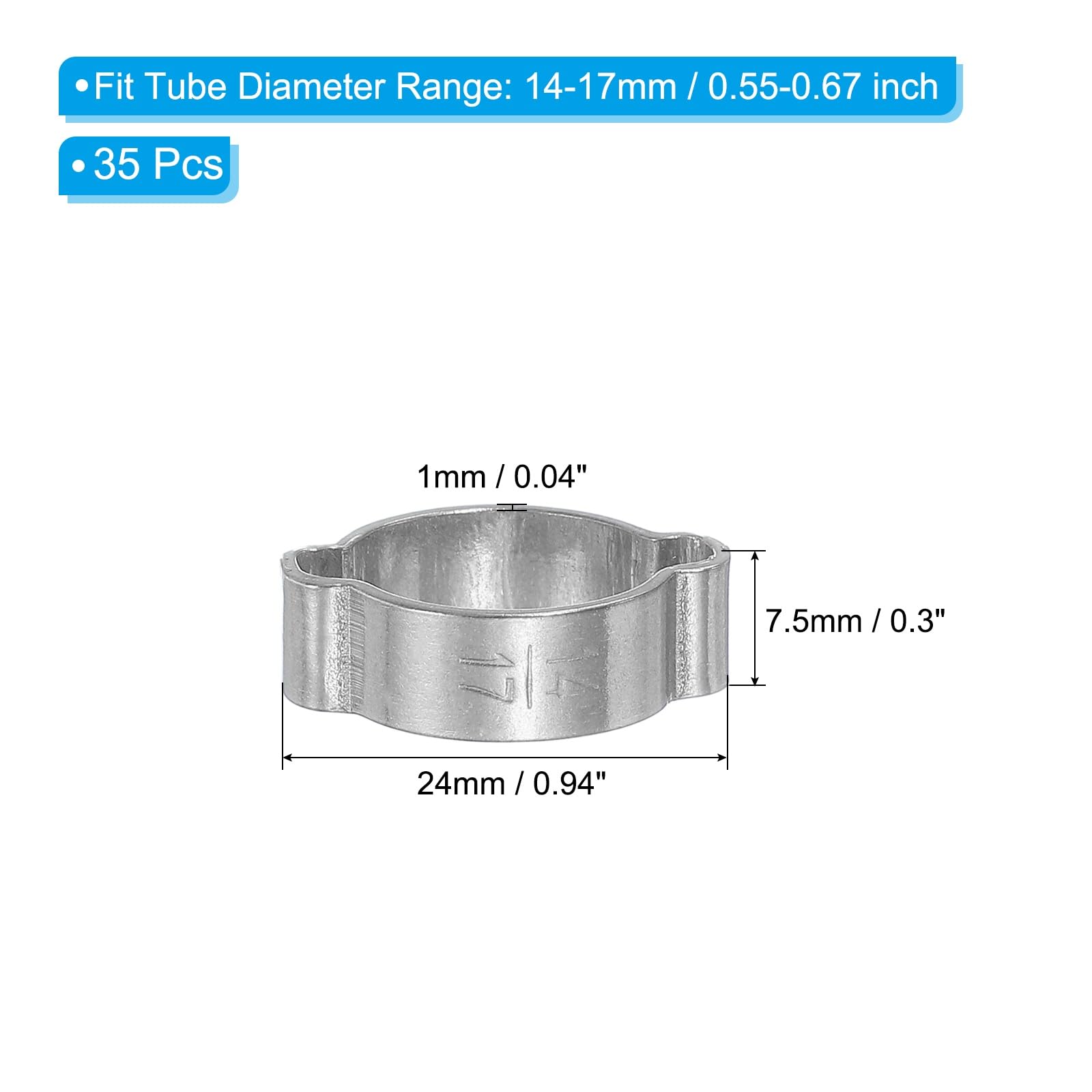 PATIKIL 35 Pack 14-17mm Double Ear Hose Clamp, 304 Stainless Steel O Clip Crimp Rings for Fuel Petrol Pipe Tube Fitting Connections, Silver Tone - Image 2