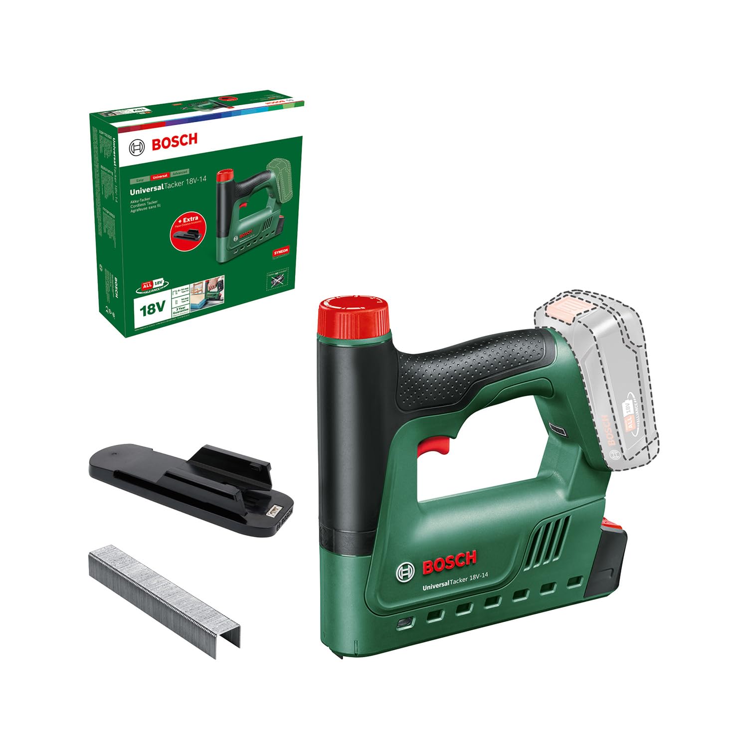 Bosch UniversalTacker 18V-14 Battery Operated Staple Gun (for Soft or Hard Wood; Use with Staples and Nails; Trigger Frequency Function; 18V System; Distance Attachment; 1000 Staples)