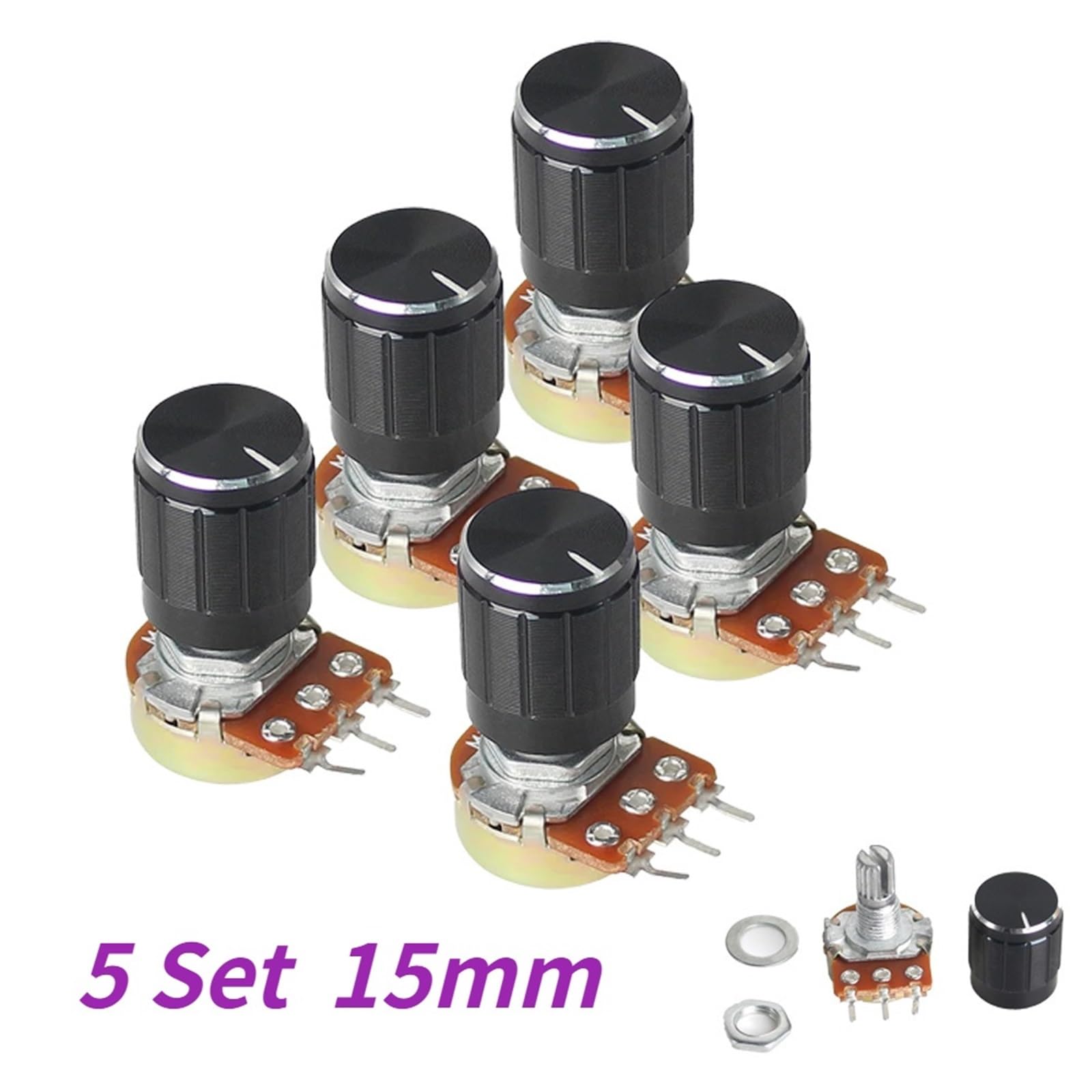 Juego de 5 potenciómetros lineales WH148 de 15mm, 3 pines, 1K, 2K, 5K, 10K, 20K, 50K, 100K, 250K, 1M con tapa de perilla de aleación de aluminio negra, Kit de potenciómetro(2K Ohm)